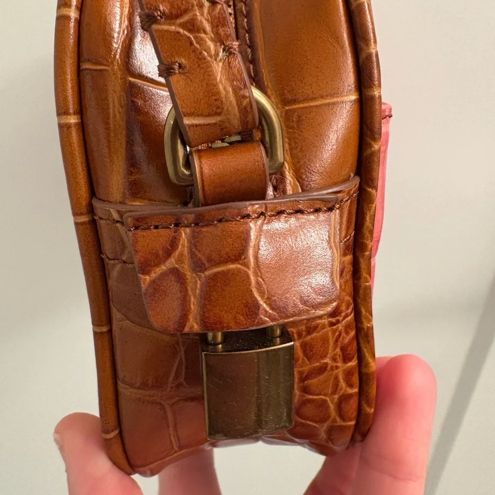 J. Crew Mini Leather Signet Camera Bag in Pink Yellow Brown Embossed Croc - Picture 5 of 16